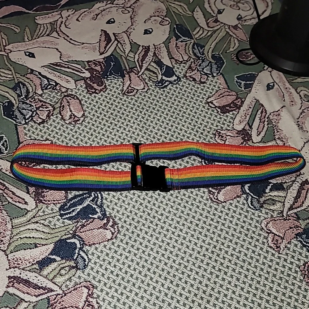 Vintage Belt rainbow fabric American Tourister black plastic buckle b27